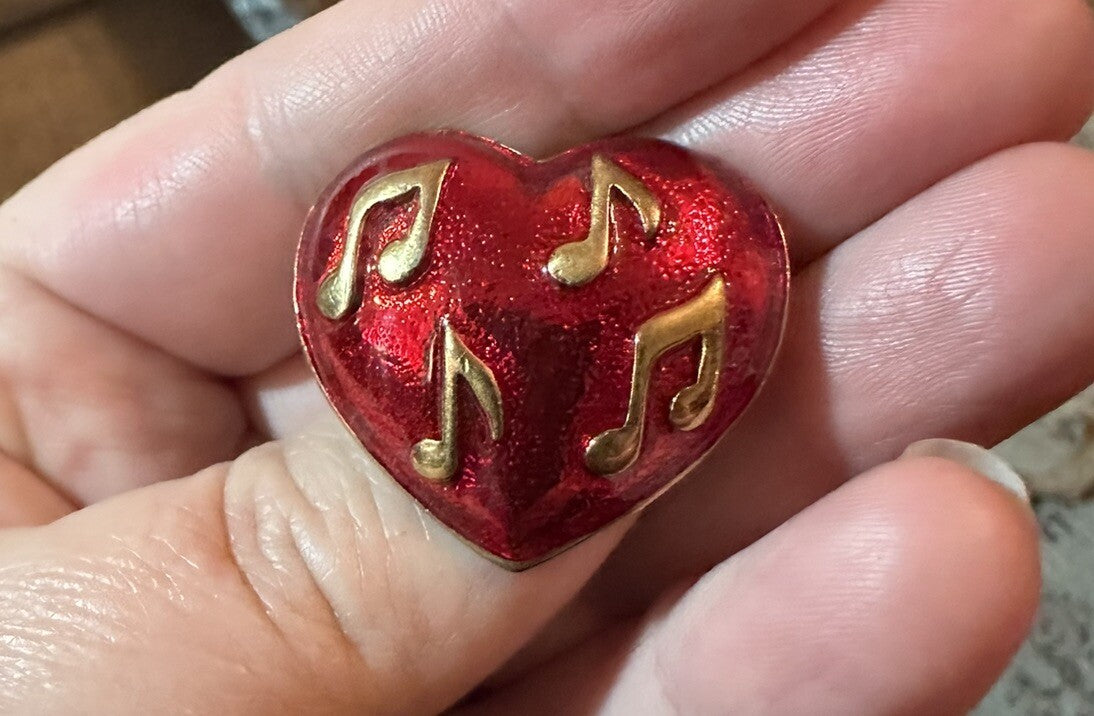 Gold Tone Red Enamel Music Note Heart Brooch Pin New