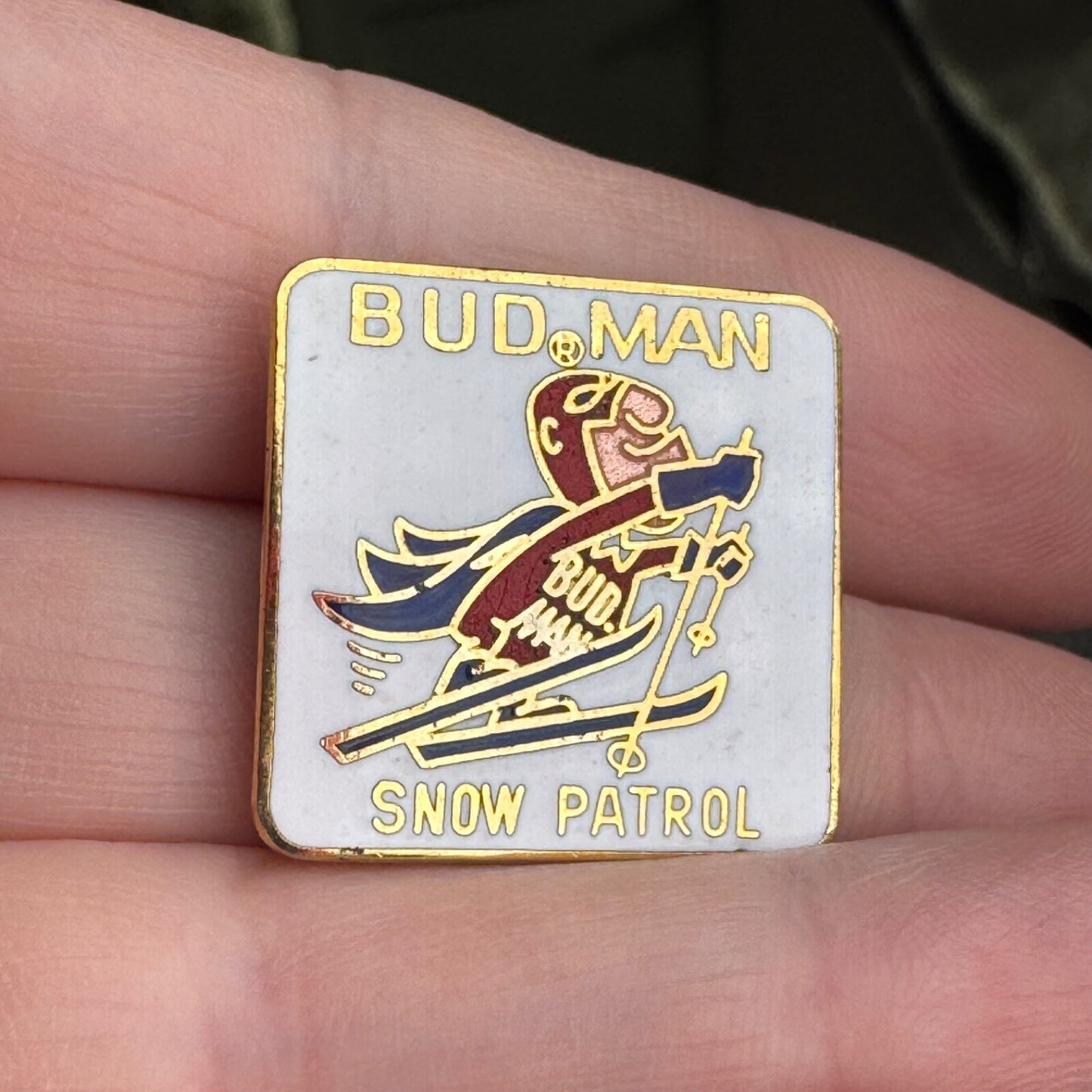 Vintage Bud Man Snow Patrol Budweiser Enamel Cloisonne Lapel Pin