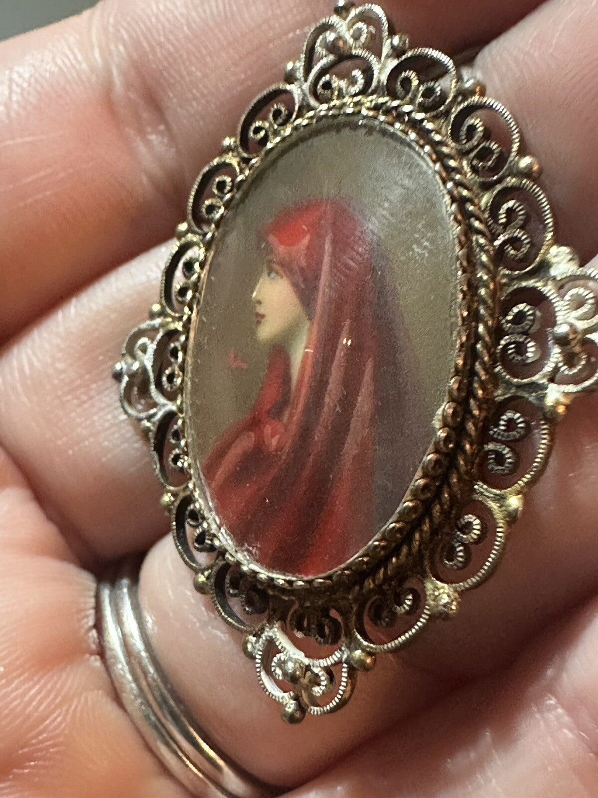 Antique Italian 800 Silver Saint Fabiola Hand Painted Portrait Pendant St. St