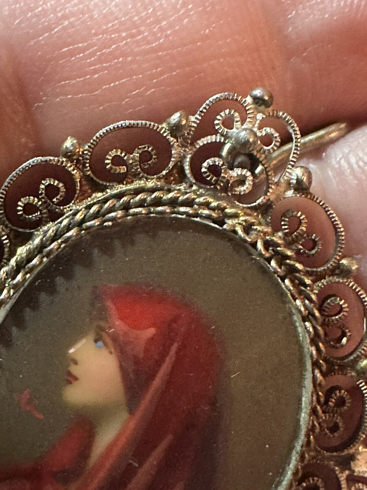 Antique Italian 800 Silver Saint Fabiola Hand Painted Portrait Pendant St. St