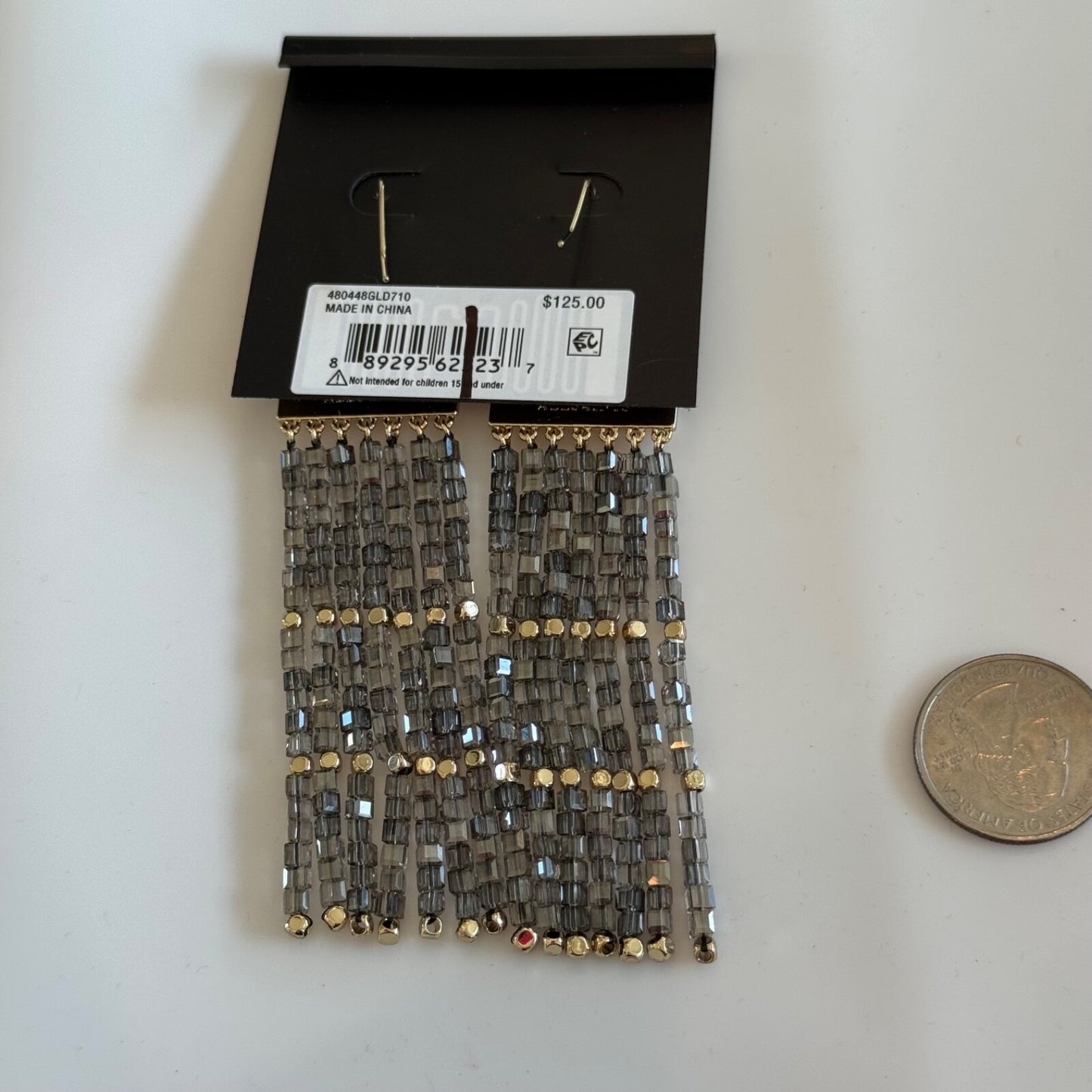 AllSaints Pyramid Beaded Fringe Drop Earrings in Gold New on Card $125