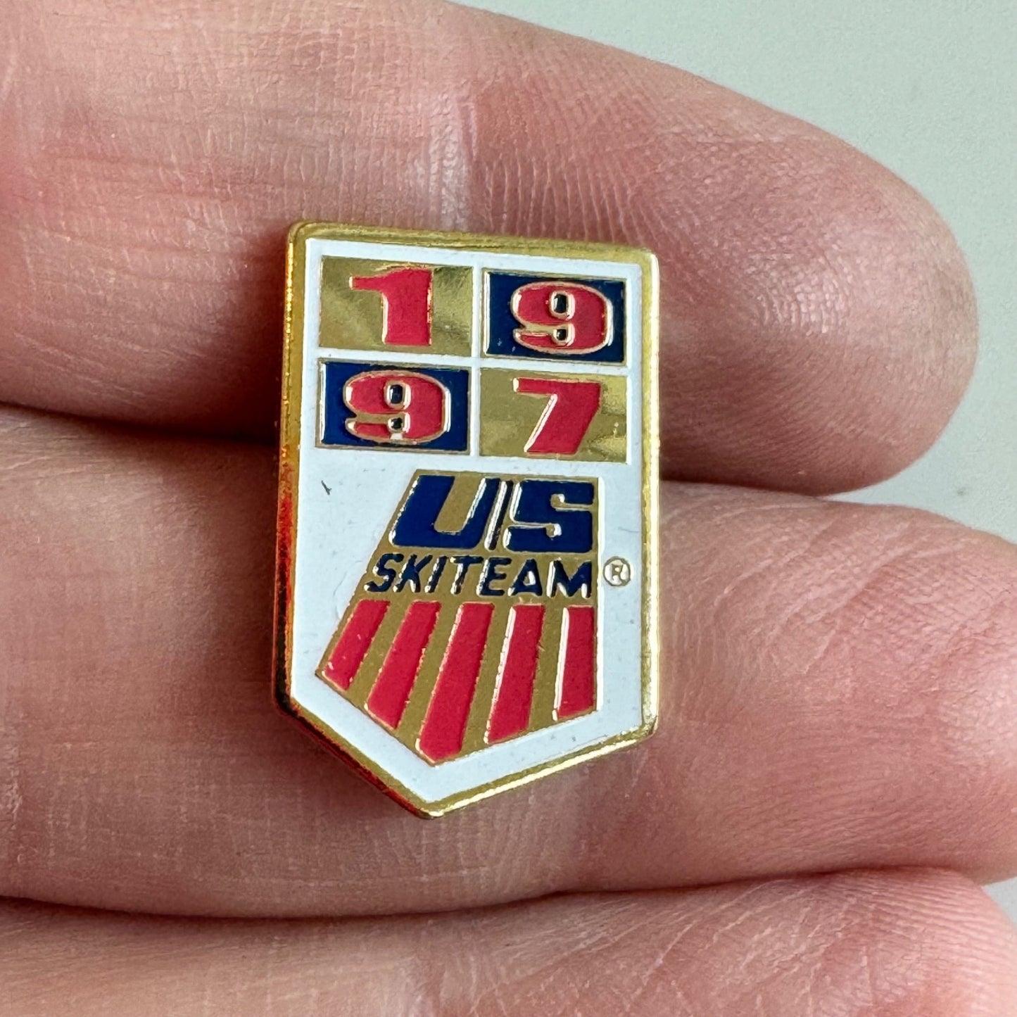 Vtg 1997 US Ski Team Red White Blue Shield Enamel Lapel Pin Olympics Skiing USA