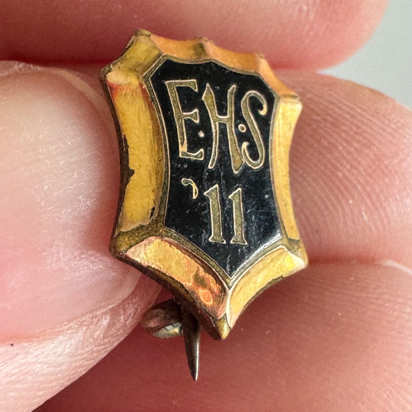 Antique 1911 EHS High School ’11 Pin – Black & Gold Shield Lapel Badge