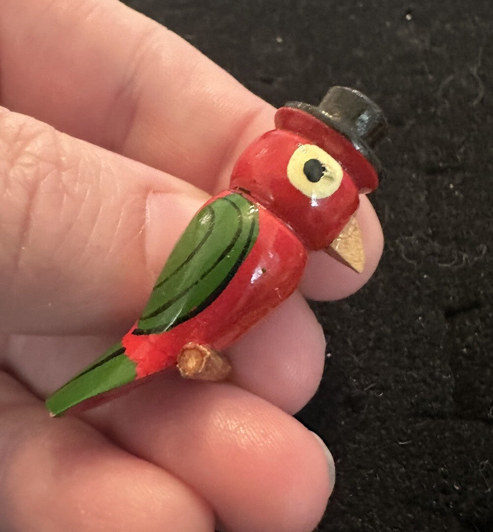 Antique Red Perched Parrot In A Top Hat - Wooden Painted Pin Bird Brooch