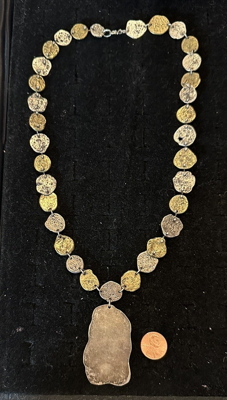 Vintage ANNE DICK Early Unsigned Brutalist Link Necklace Bronze Sterling Clasp
