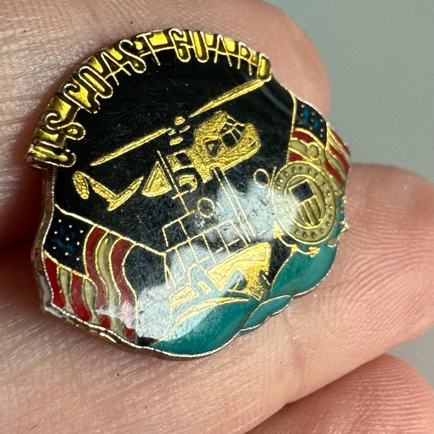 Vintage US Coast Guard Pin – Enamel Badge with Flags Helicopter Boat
