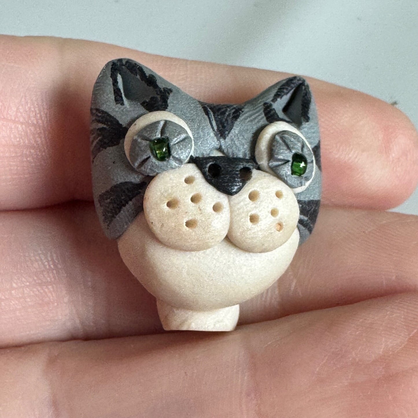 Whimsical Handmade Cat Brooch – Clay with Green Eyes