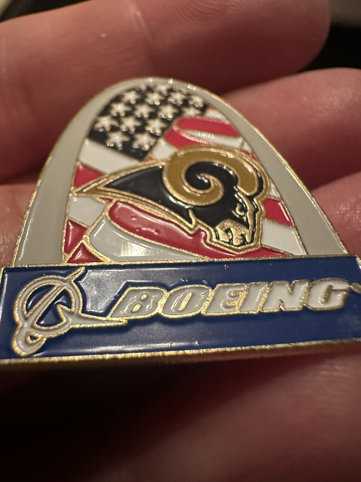 St Louis Rams Boeing Aircraft Advertising Football Lapel Pin w/ USA Flag Arch