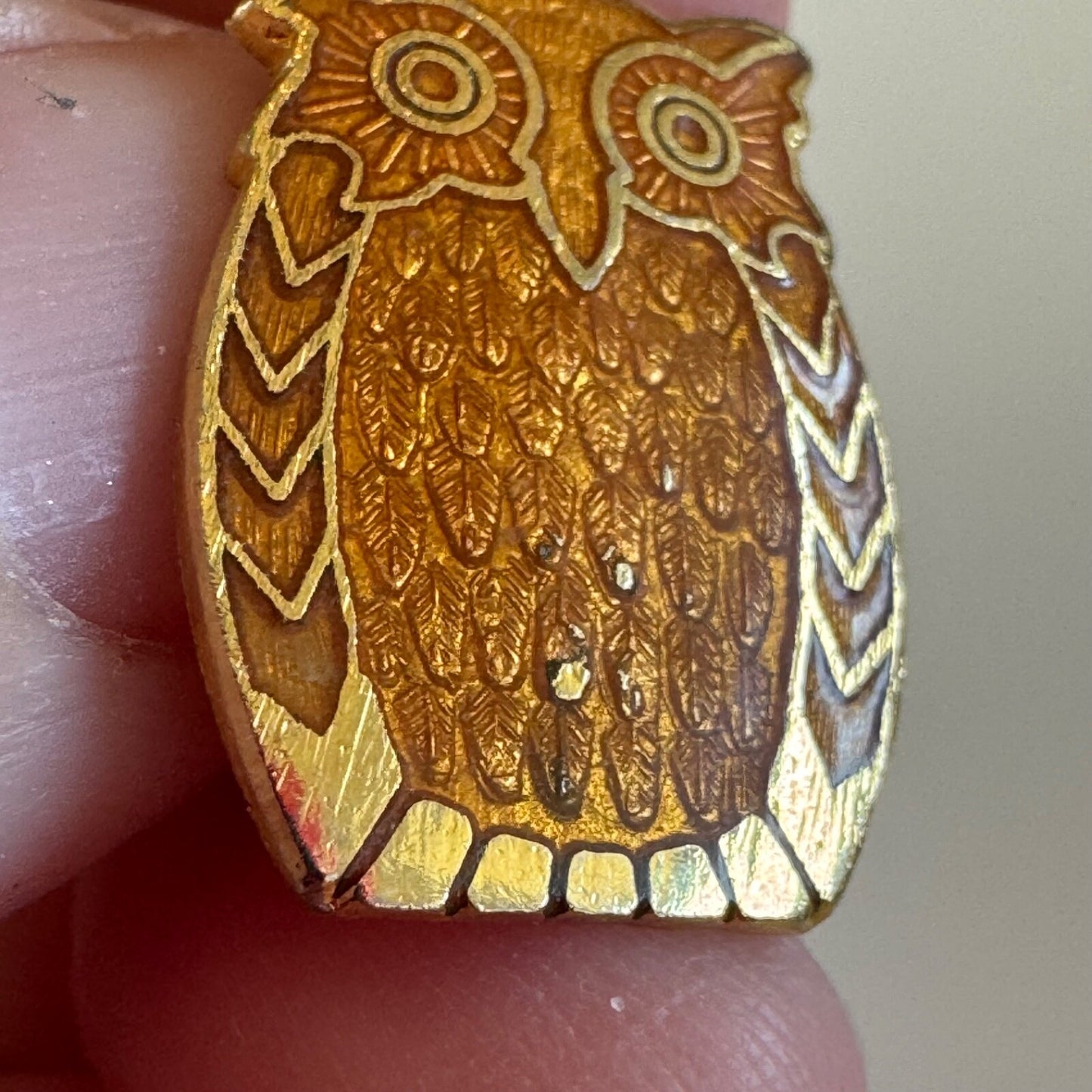 Vintage Cloisonne Owl Gold Tone Lapel Pin Brooch