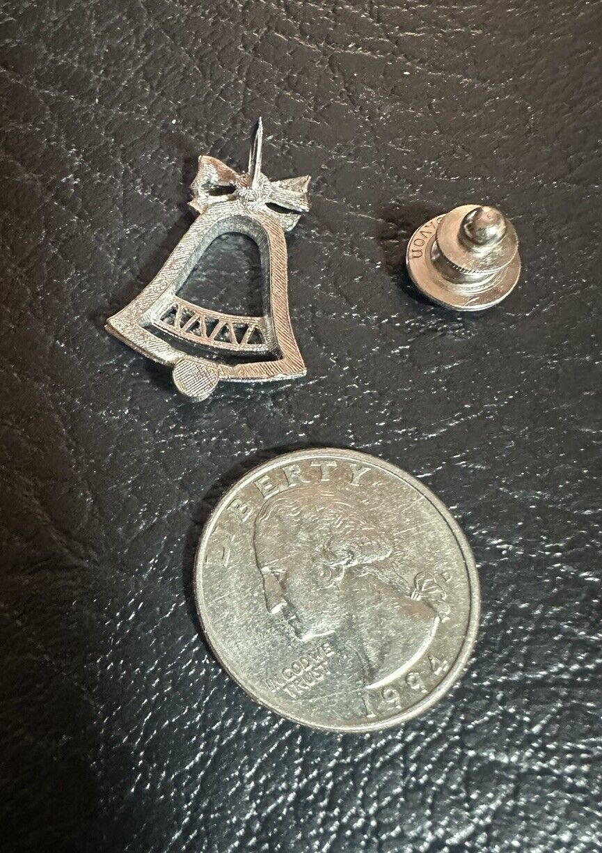 Vintage Silver Bell Bow Holiday Tie Tack Lapel Pin Christmas Tone