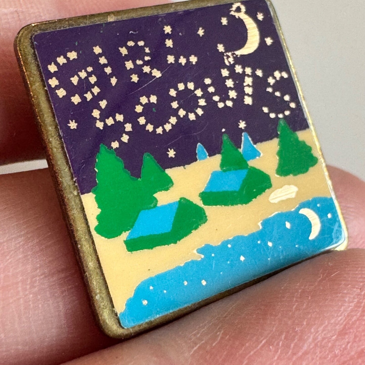 Vintage Girl Scouts Night Camp Pin – Tents, Stars & Lake Scenic Enamel