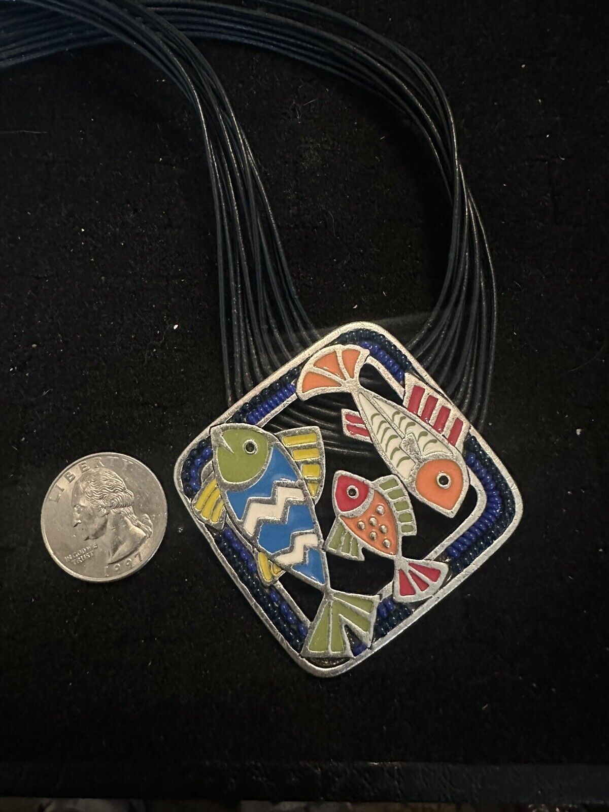 Chico’s Leather Enamel Beaded Multicolored Fish Necklace Adjustable Chicos