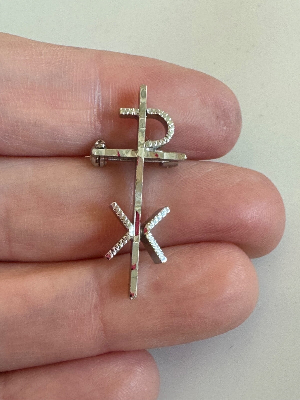 Silver Tone Chi Rho Christian Cross Symbol Brooch Lapel Pin