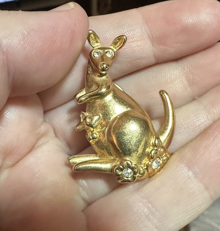 Vintage Avon Gold Tone Crystal Kangaroo Pin Brooch