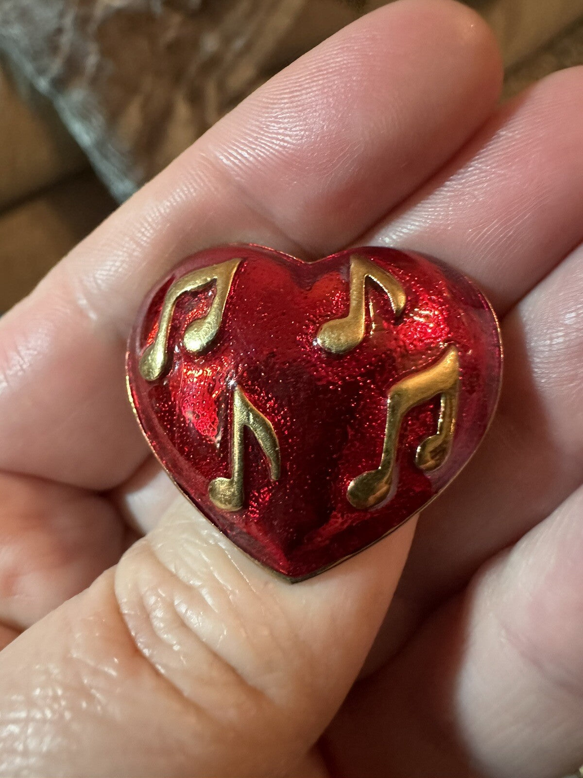 Gold Tone Red Enamel Music Note Heart Brooch Pin New