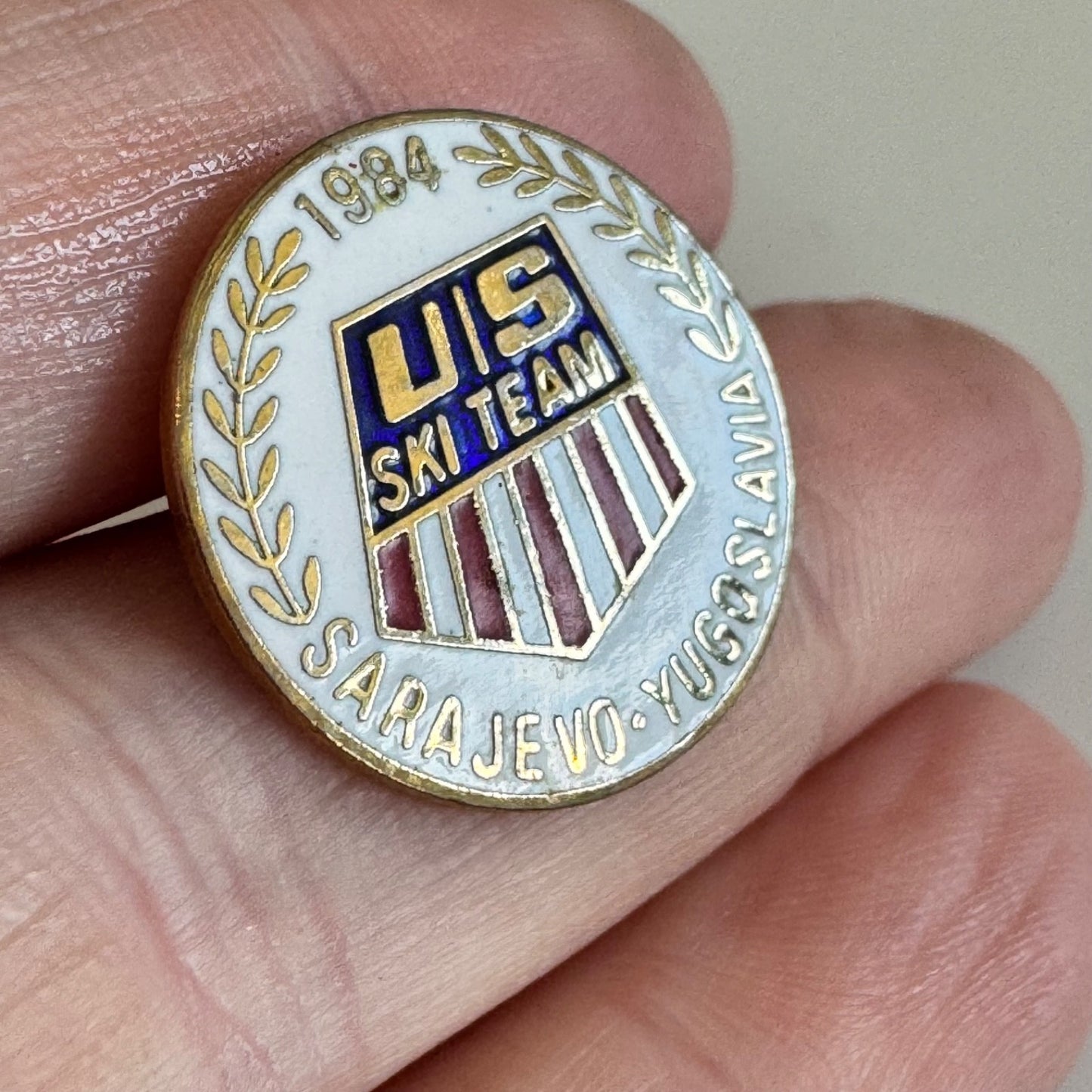 Vintage 1984 US Ski Team Sarajevo Yugoslavia Olympic Enamel Lapel Pin Badge