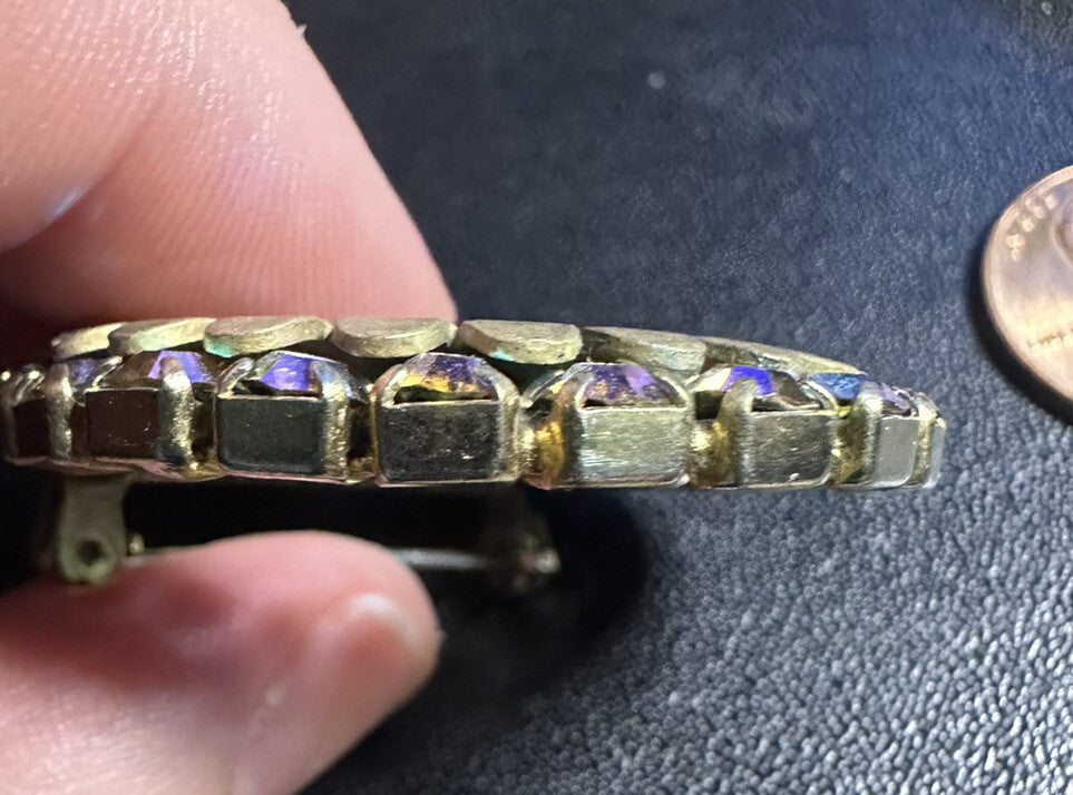 Vintage Round AB Rhinestone Matte Gold Circle Pin Brooch