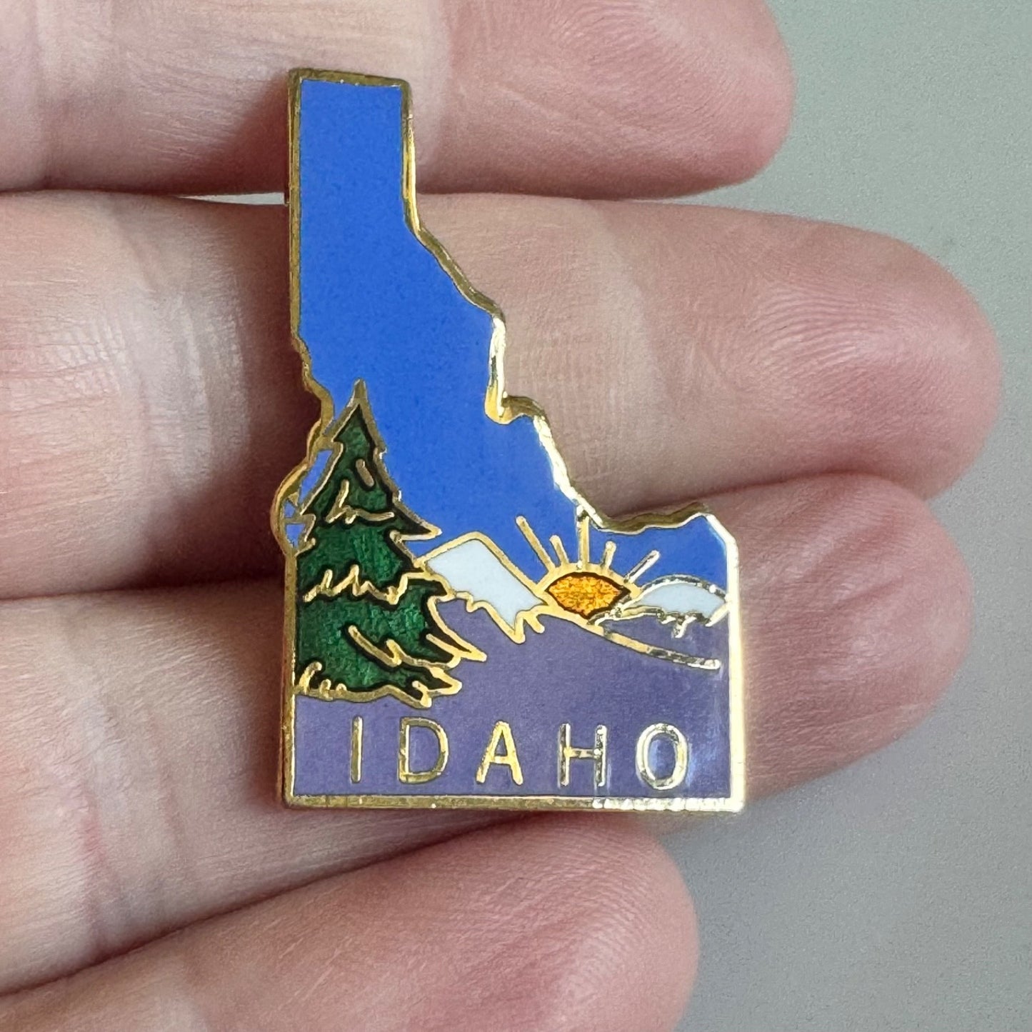 Vintage Idaho State Enamel Pin – Mountains, Pine & Sunrise
