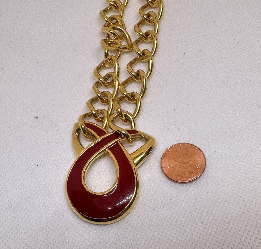 VTG. NAPIER STATEMENT GOLD TONE RED ENAMEL DROP LINK NECKLACE 25”
