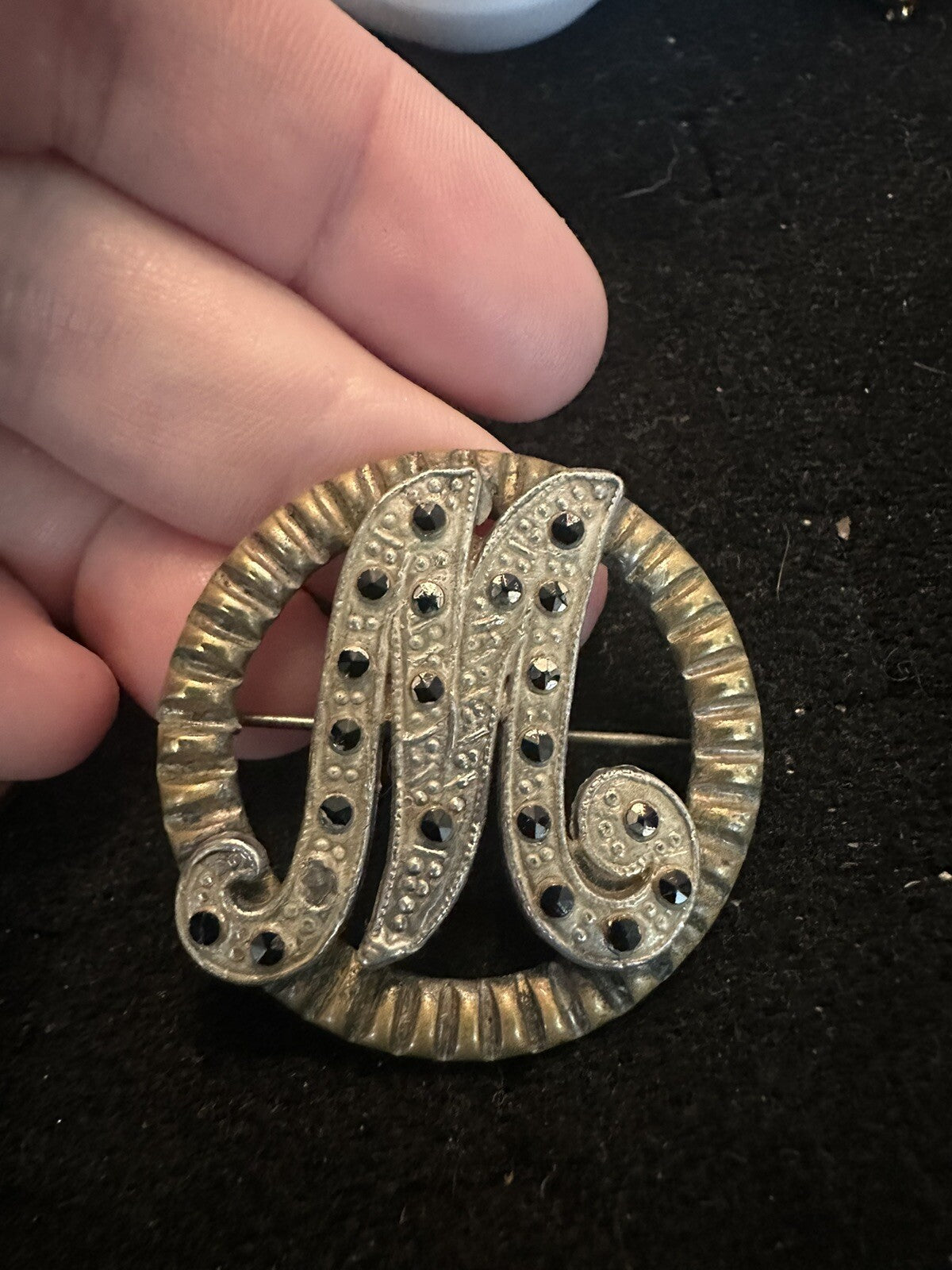 Antique Victorian Marcasite Look M Monogram Initial Brooch/ Pin Heavy!