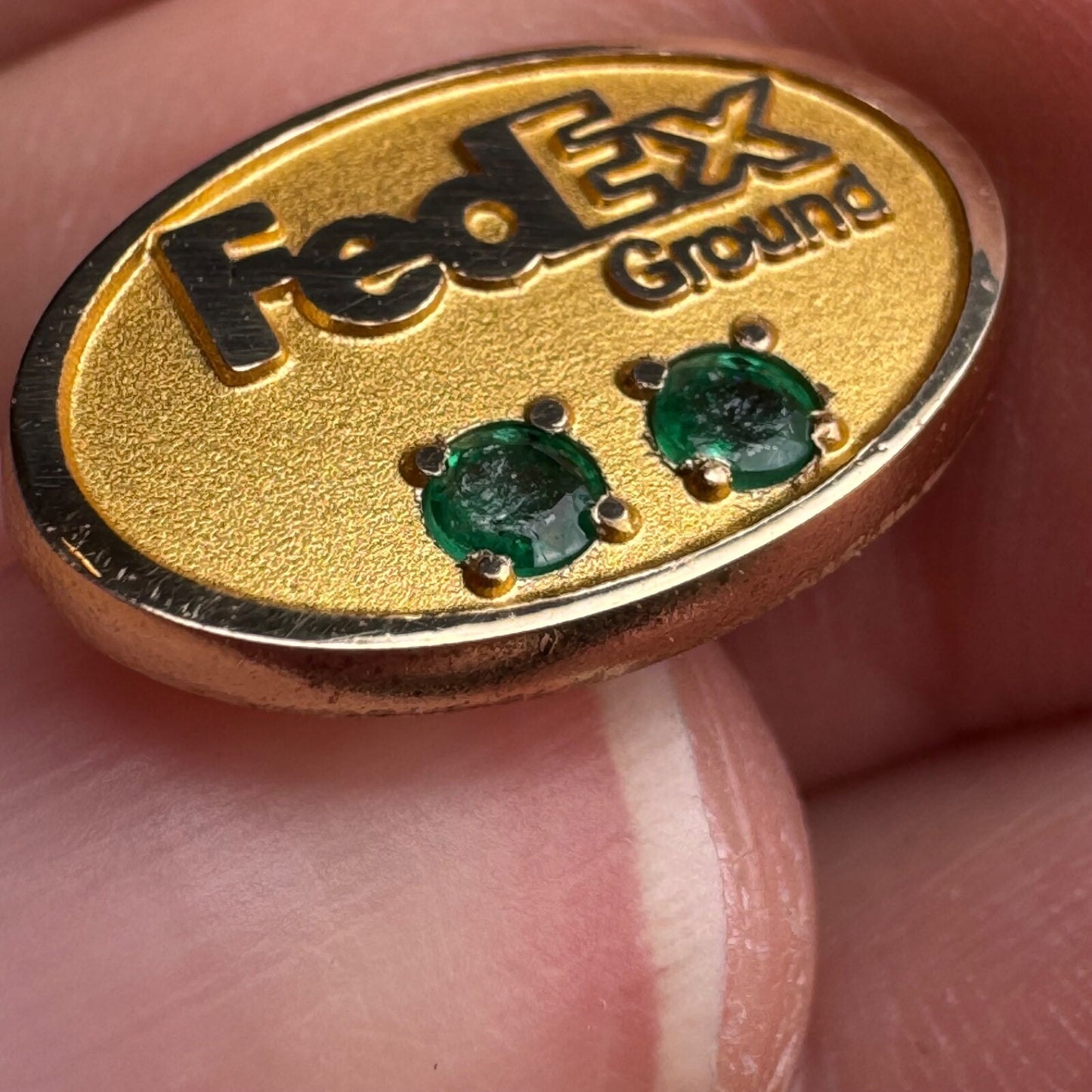 Vintage FedEx Ground Gold Tone Green Stones Lapel Pin Tie Tack