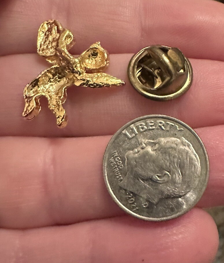 Gold Colored Cupid Holding Red Enamel Heart With Rhinestone Lapel Pin