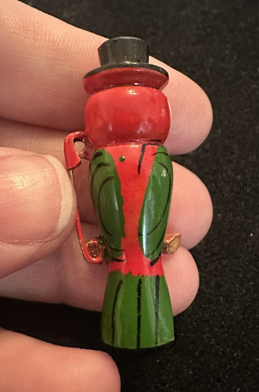 Antique Red Perched Parrot In A Top Hat - Wooden Painted Pin Bird Brooch