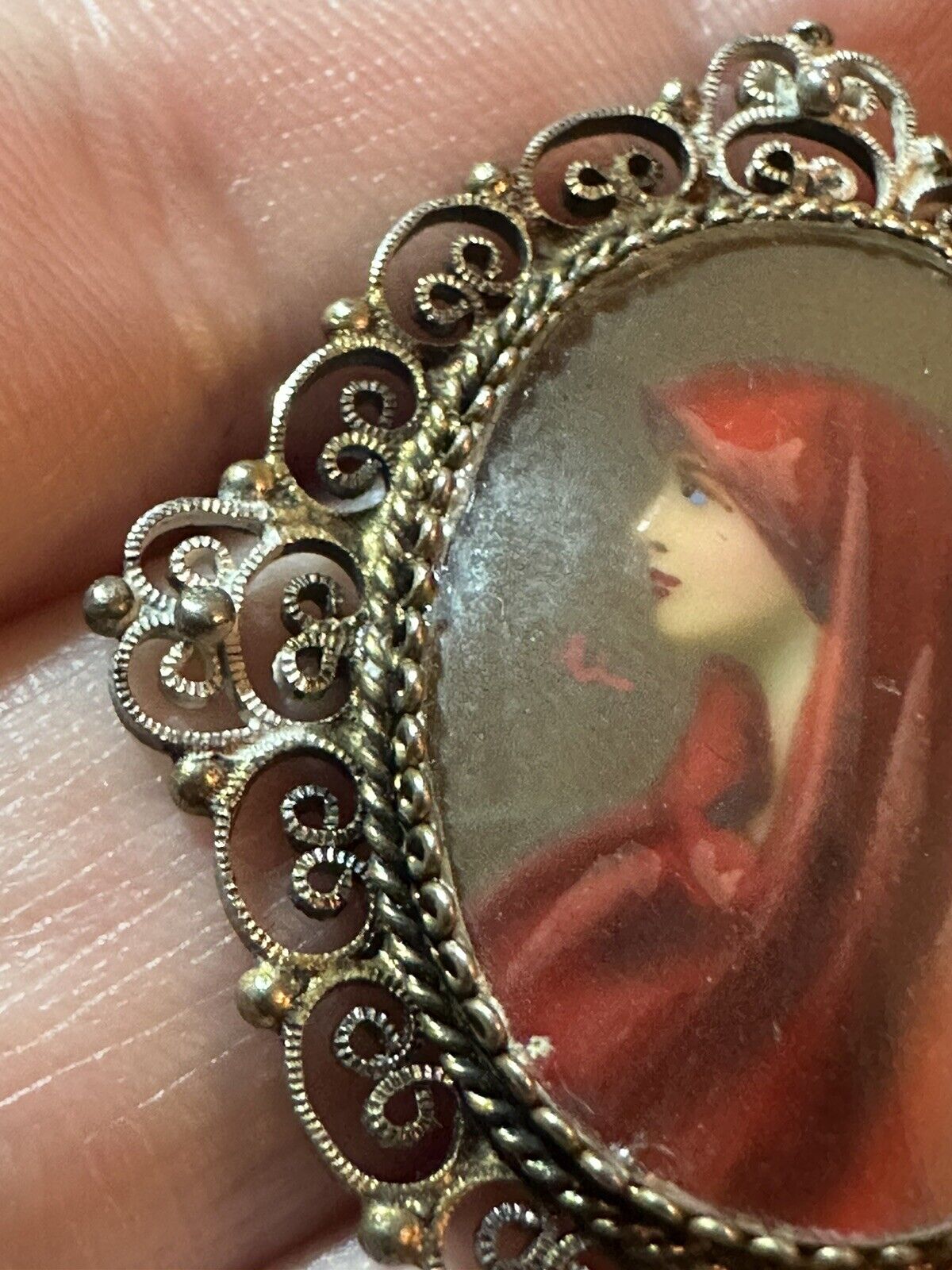 Antique Italian 800 Silver Saint Fabiola Hand Painted Portrait Pendant St. St