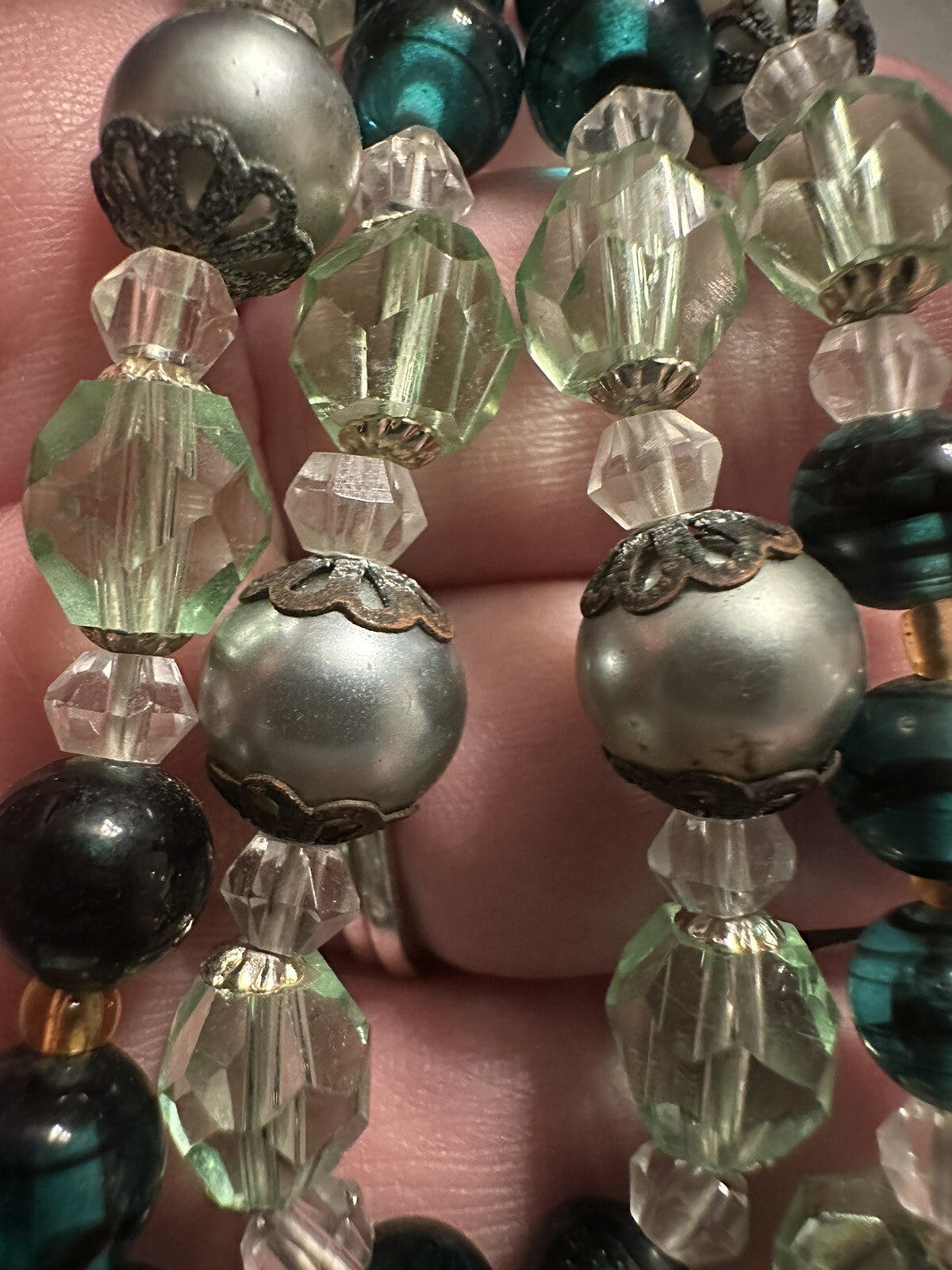 Signed Crown TRIFARI Vintage Green & Gold Multistrand Two 2 Strand Bead Necklace