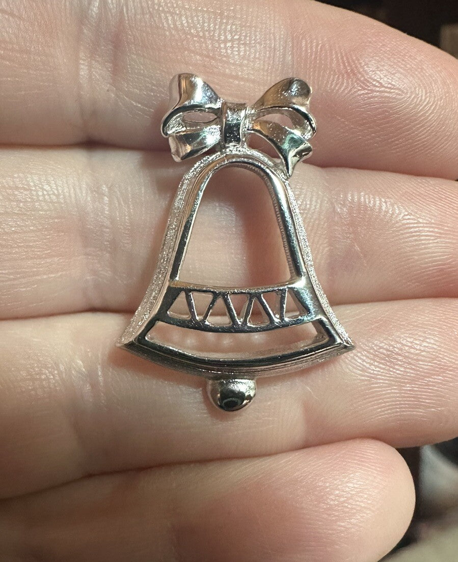 Vintage Silver Bell Bow Holiday Tie Tack Lapel Pin Christmas Tone