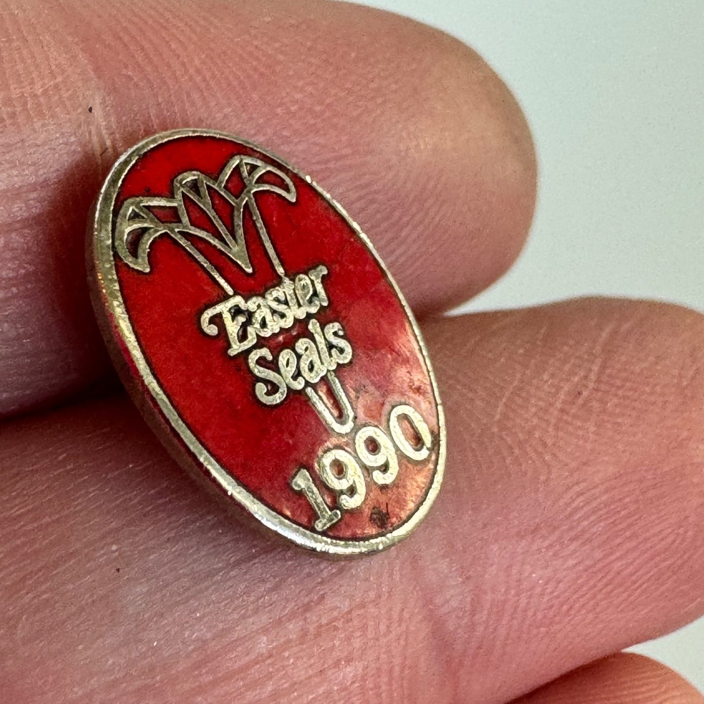 Vintage 1990 Easter Seals Charity Fundraiser Red Oval Enamel Lapel Pin Badge