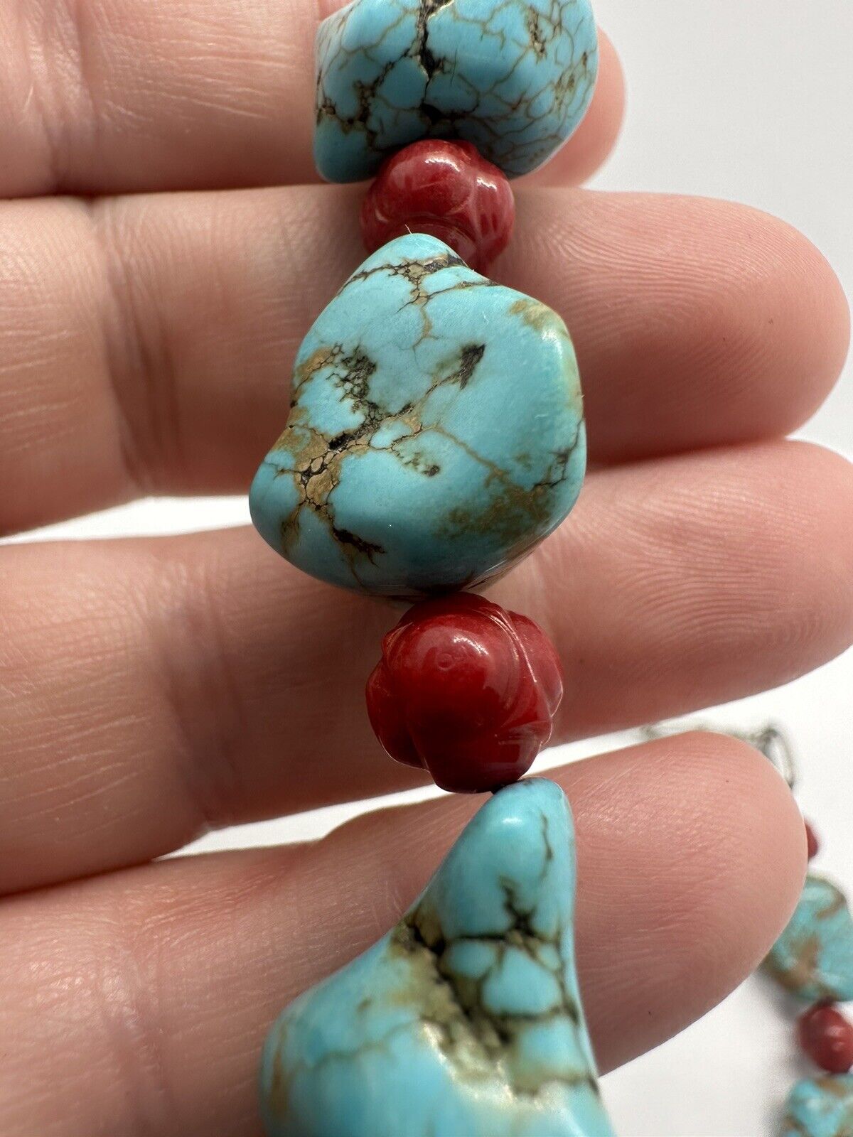 925 STERLING SILVER BLUE TURQUOISE AND RED CORAL NECKLACE