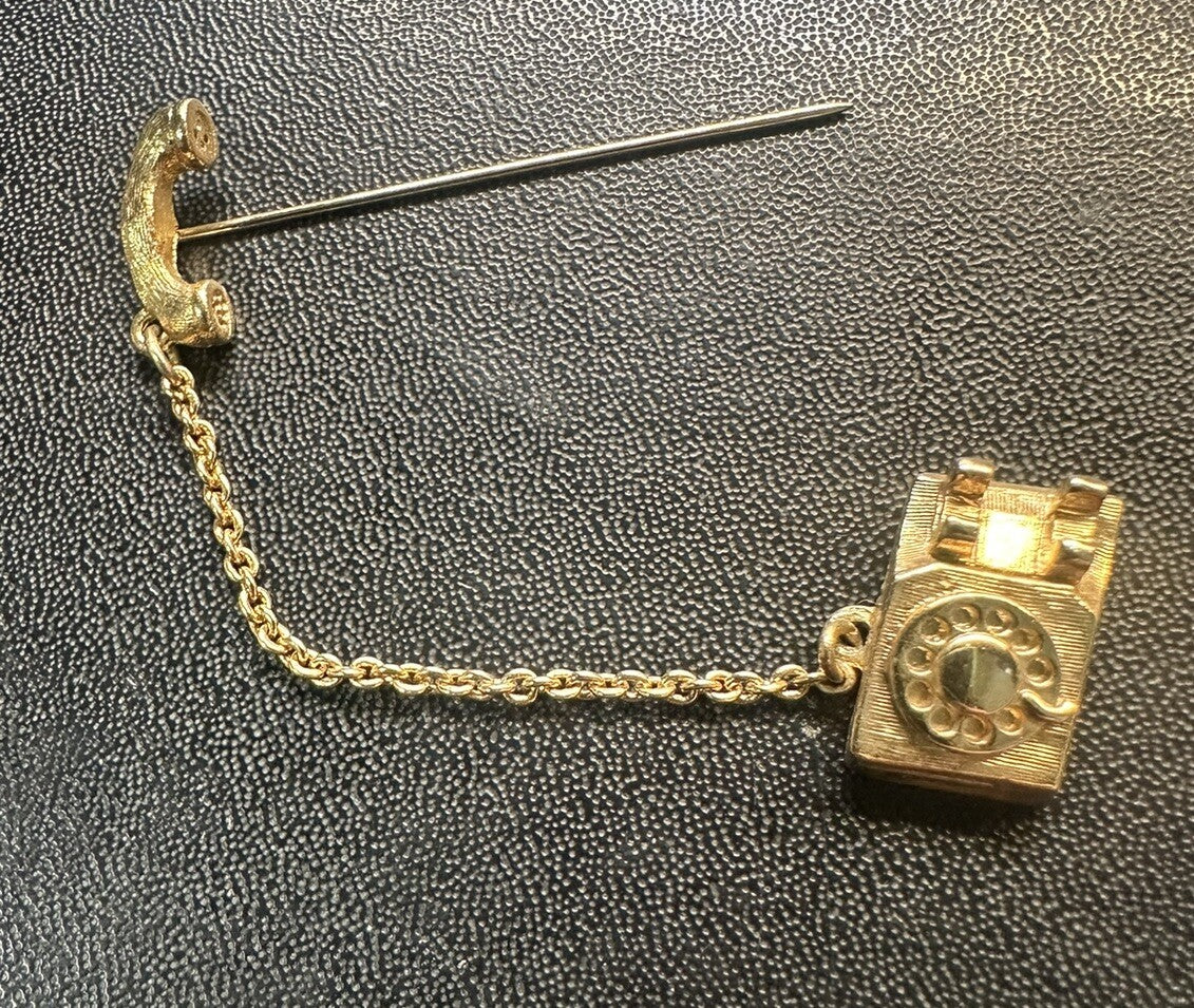 Signed Avon Phone Lapel Stick Pin - Rotary Dial Telephone - Gold Tone