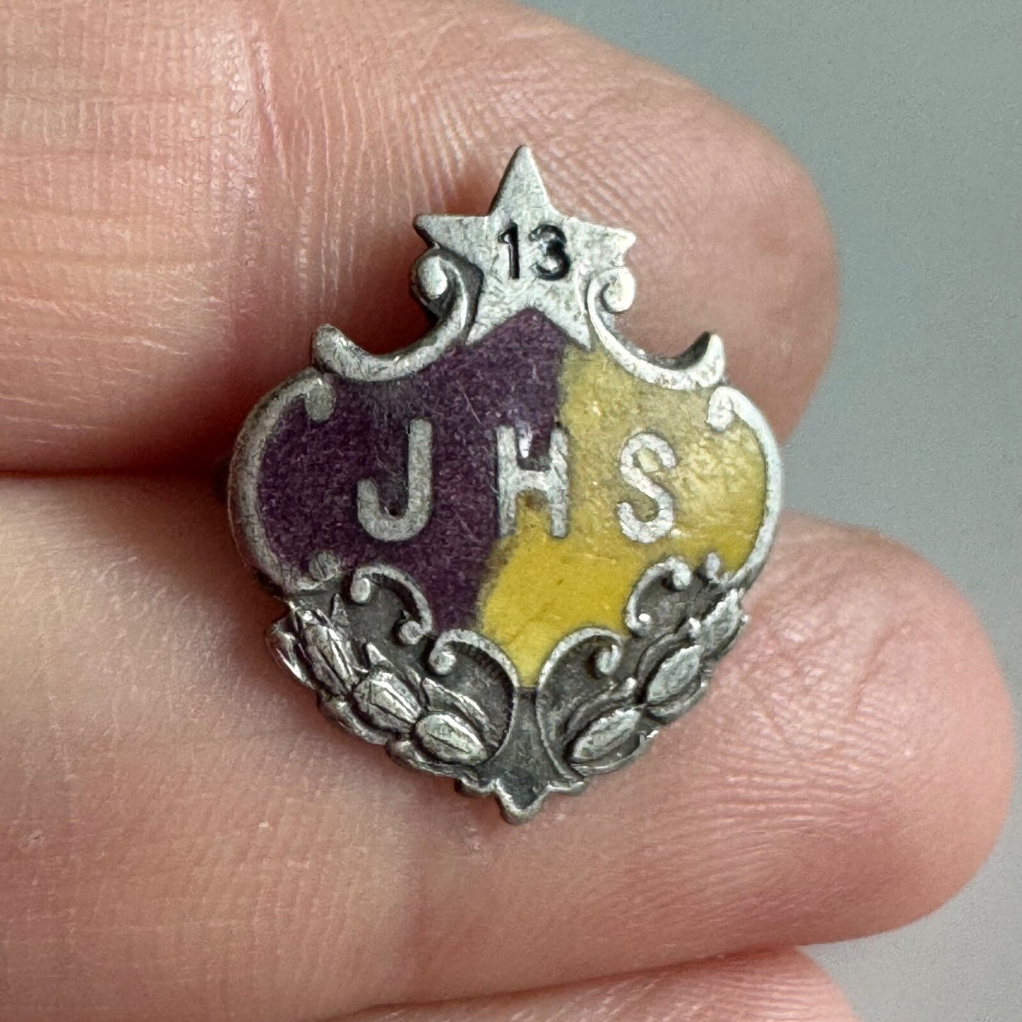 Antique JHS Jamestown High School 1913 Sterling Silver Purple Yellow Pin
