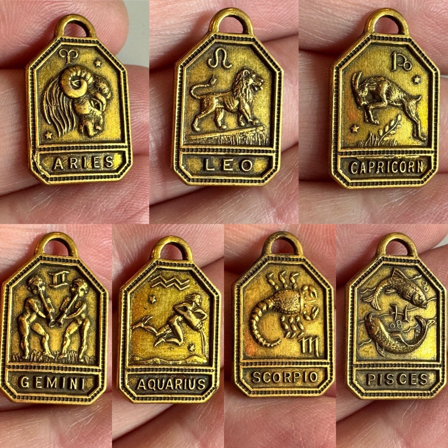 Vintage Zodiac Pendants 1930s-1940s Brass Charm Gold Tone NOS Astrology