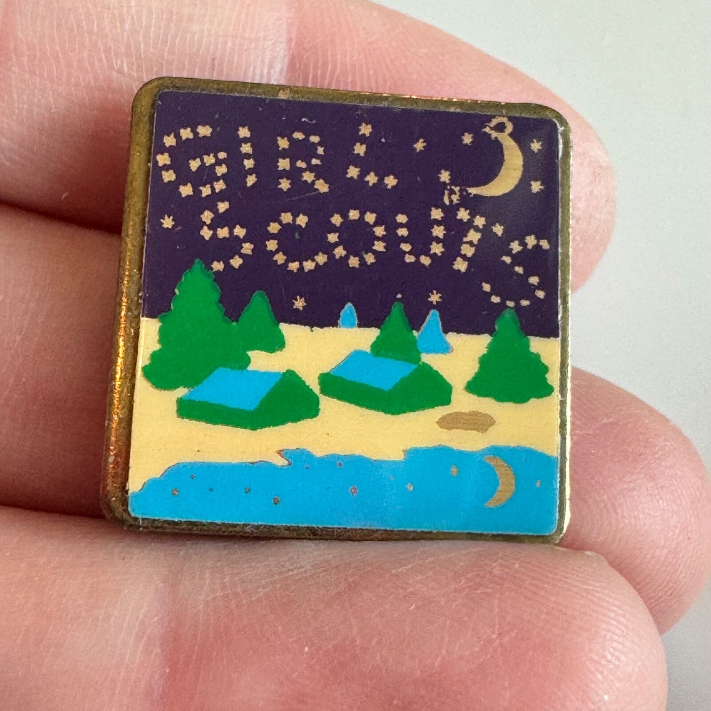 Vintage Girl Scouts Night Camp Pin – Tents, Stars & Lake Scenic Enamel