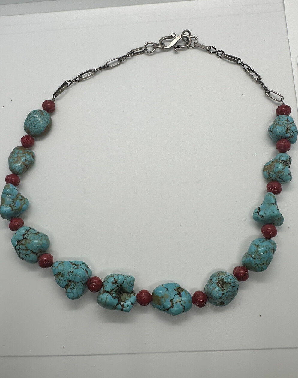 925 STERLING SILVER BLUE TURQUOISE AND RED CORAL NECKLACE