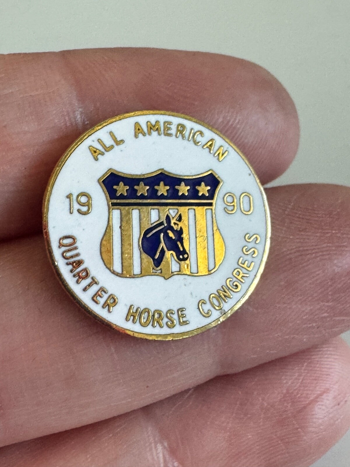Vintage 1990 All American Quarter Horse Congress Pin – White Round Badge