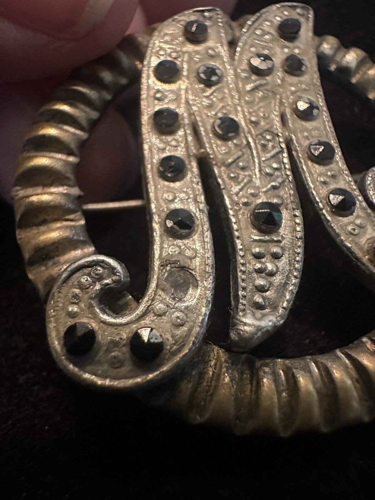 Antique Victorian Marcasite Look M Monogram Initial Brooch/ Pin Heavy!