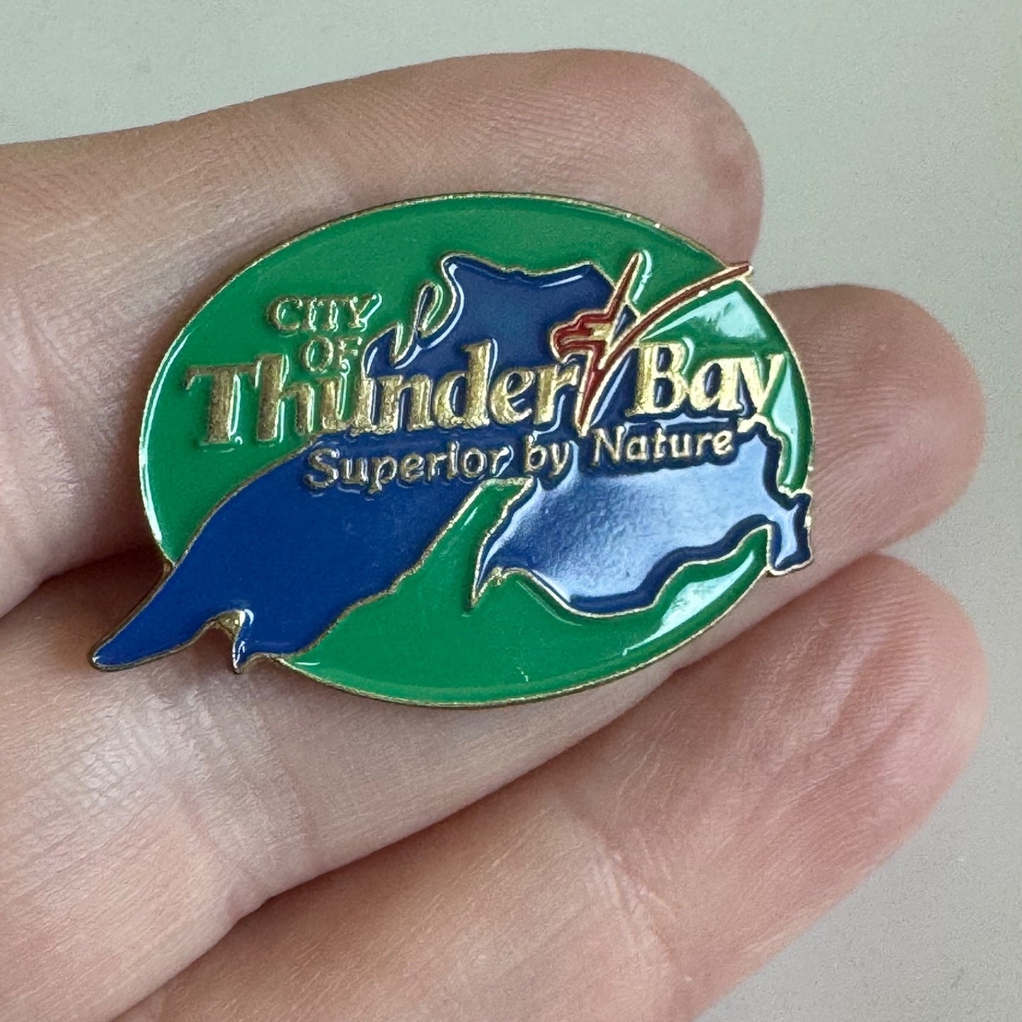 Vtg Thunder Bay Ontario Canada Map Lapel Pin Superior by Nature Green