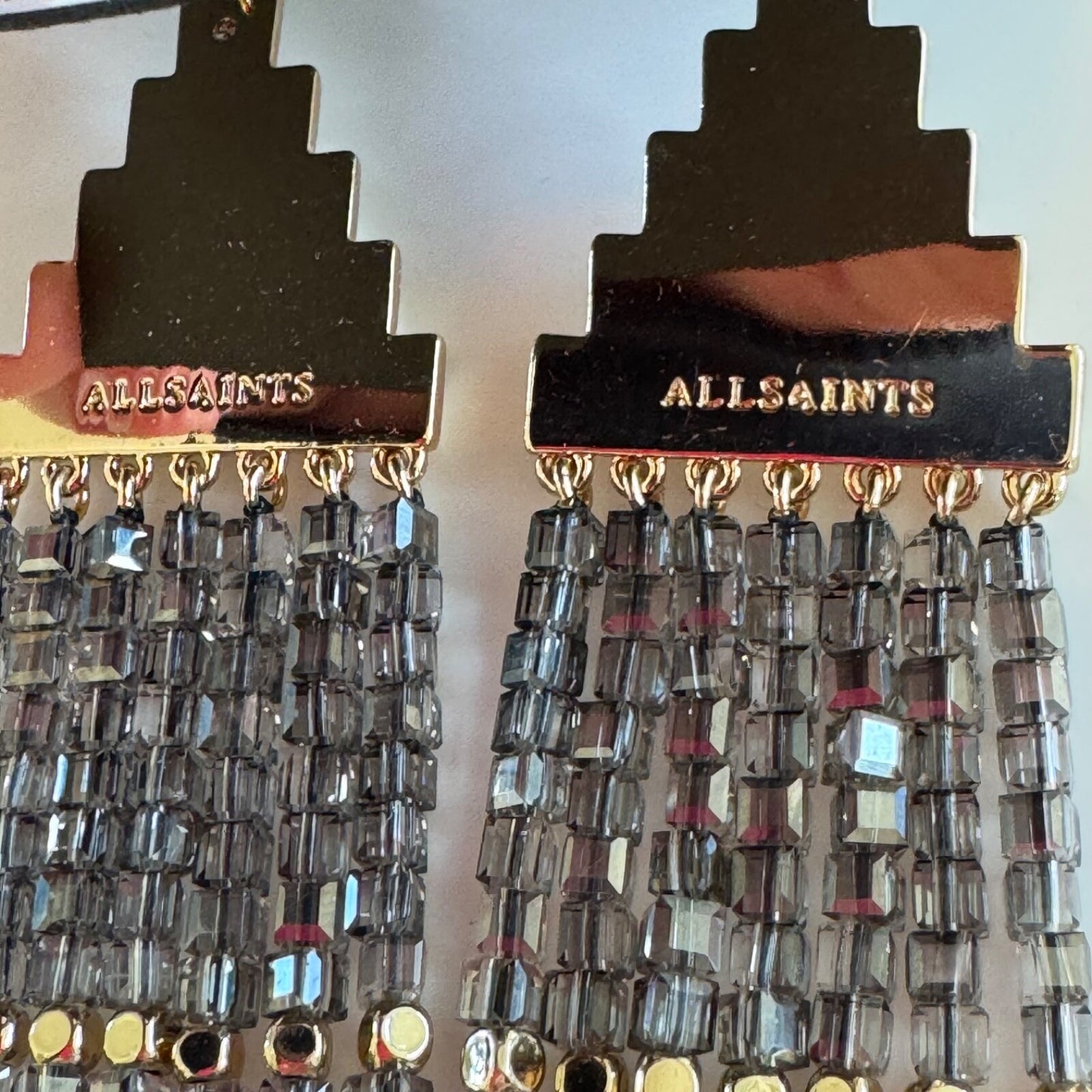 AllSaints Pyramid Beaded Fringe Drop Earrings in Gold New on Card $125