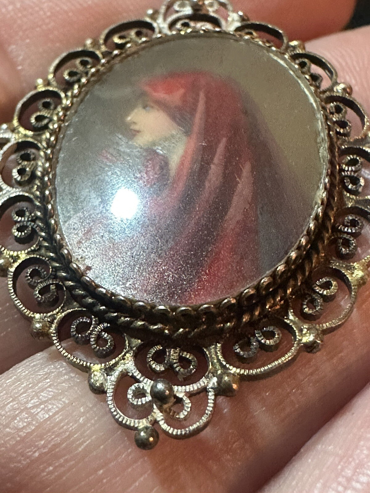 Antique Italian 800 Silver Saint Fabiola Hand Painted Portrait Pendant St. St