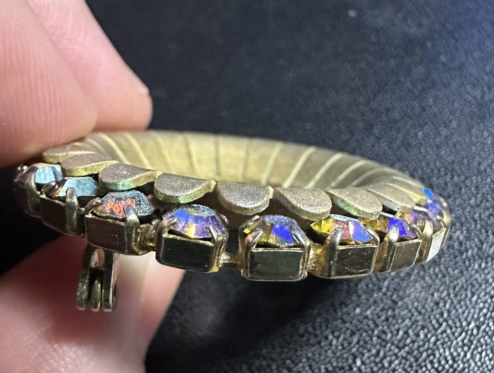 Vintage Round AB Rhinestone Matte Gold Circle Pin Brooch