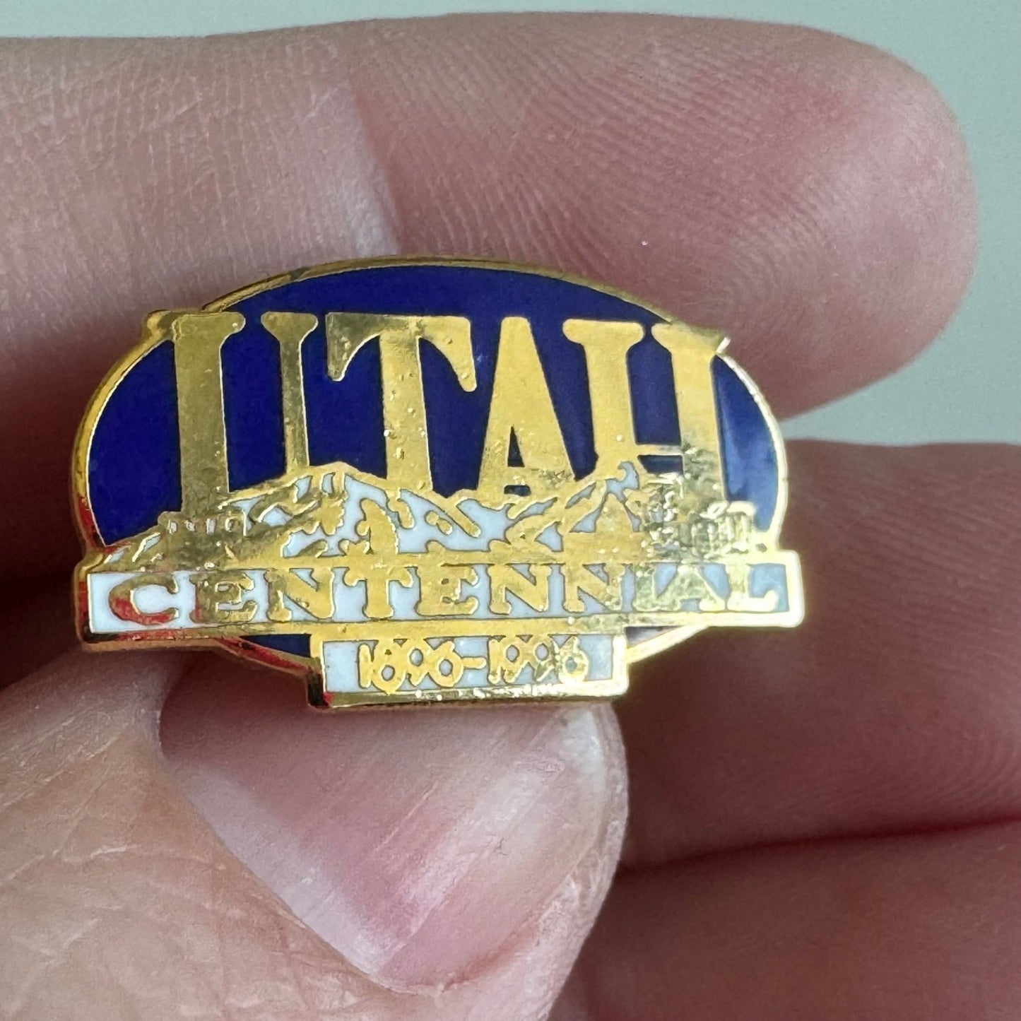 Vintage Utah Centennial 1896–1996 Enamel Pin – Gold & Blue Mountains
