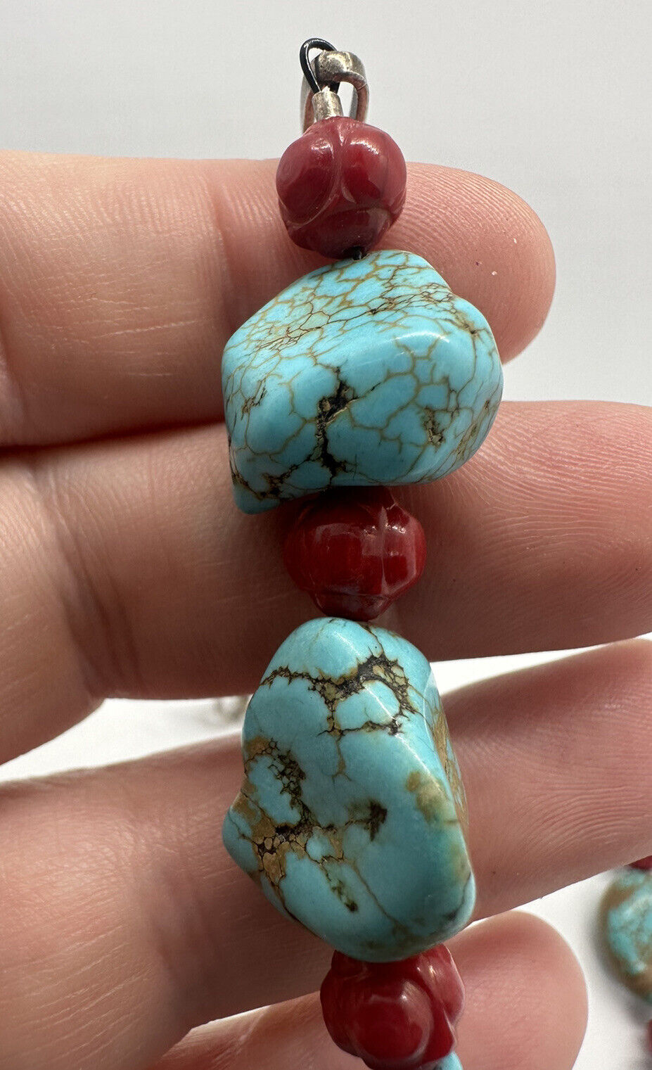 925 STERLING SILVER BLUE TURQUOISE AND RED CORAL NECKLACE