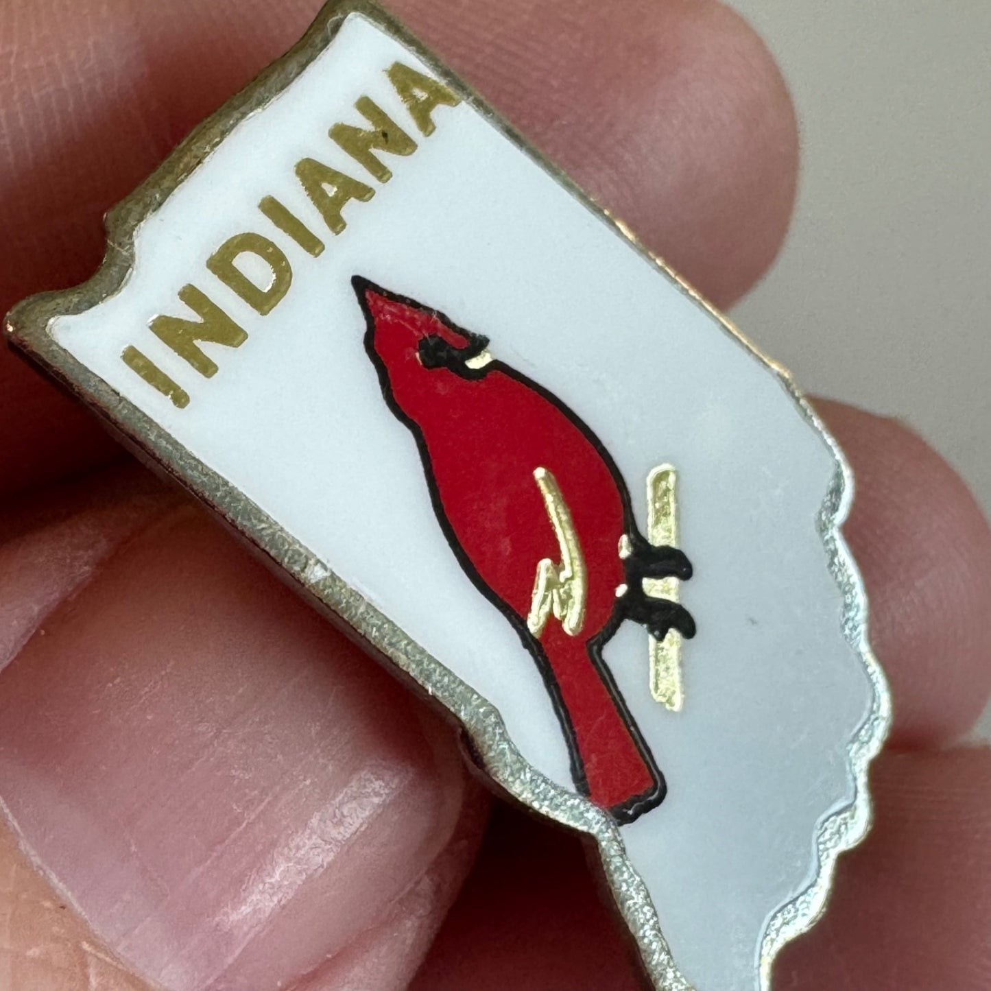 Vintage Indiana Cardinal State Pin – Red Bird on White Enamel Badge