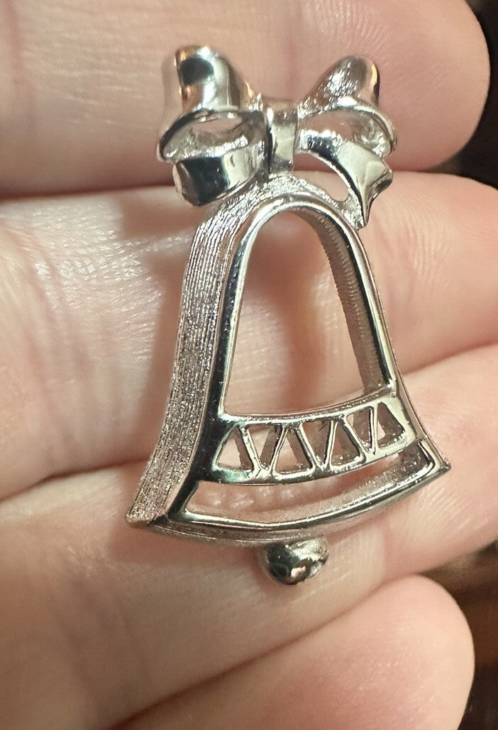 Vintage Silver Bell Bow Holiday Tie Tack Lapel Pin Christmas Tone