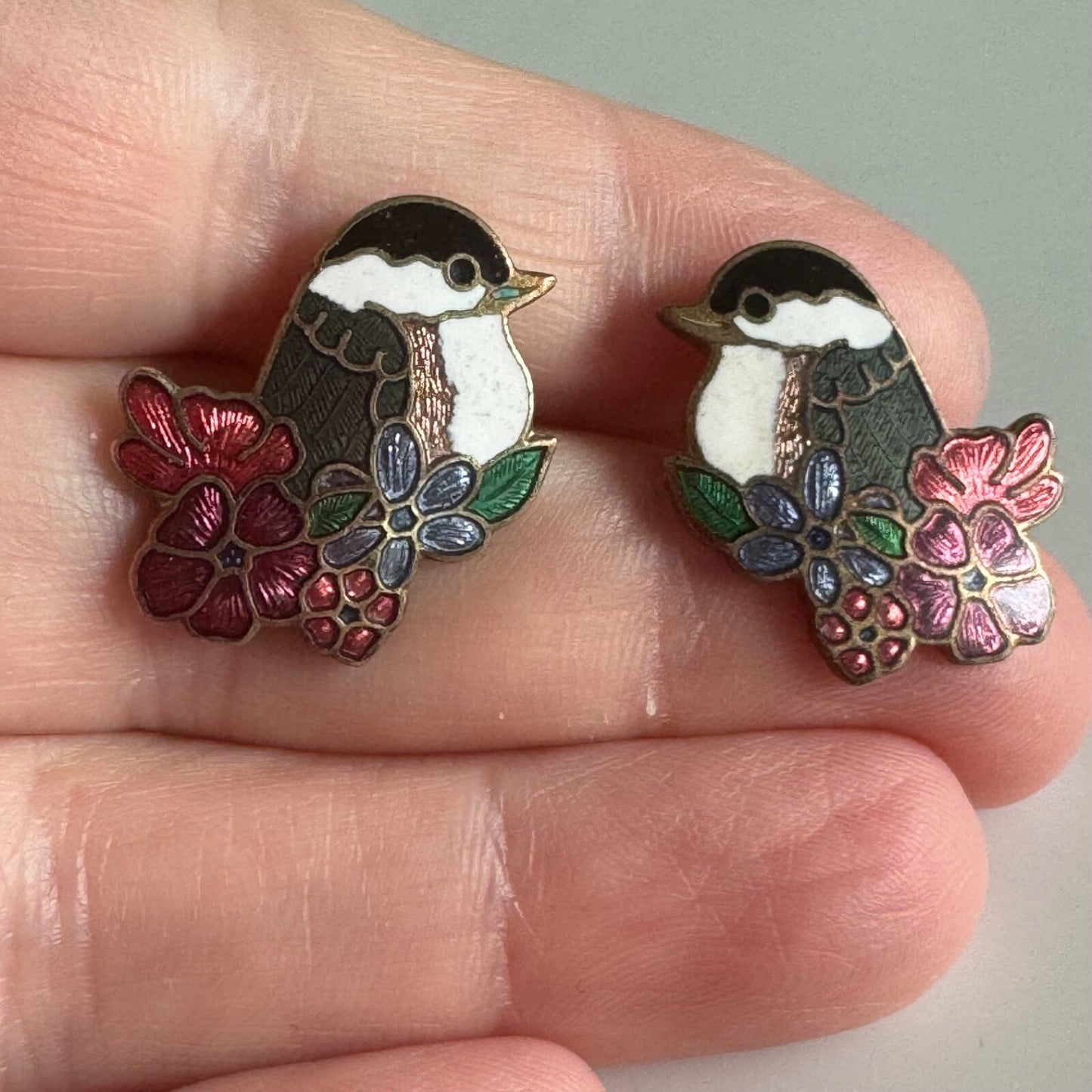 Vintage Cloisonne Bird Earrings with Flowers Pierced