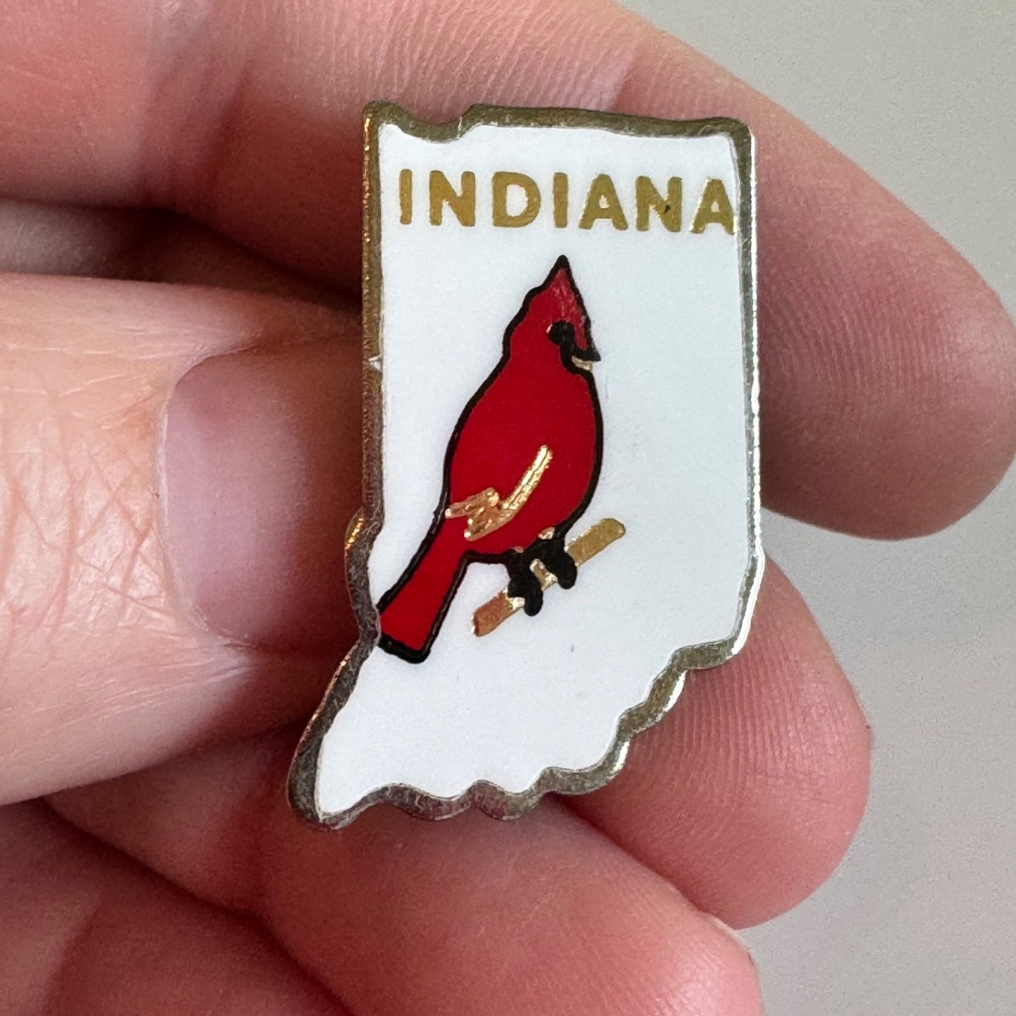 Vintage Indiana Cardinal State Pin – Red Bird on White Enamel Badge