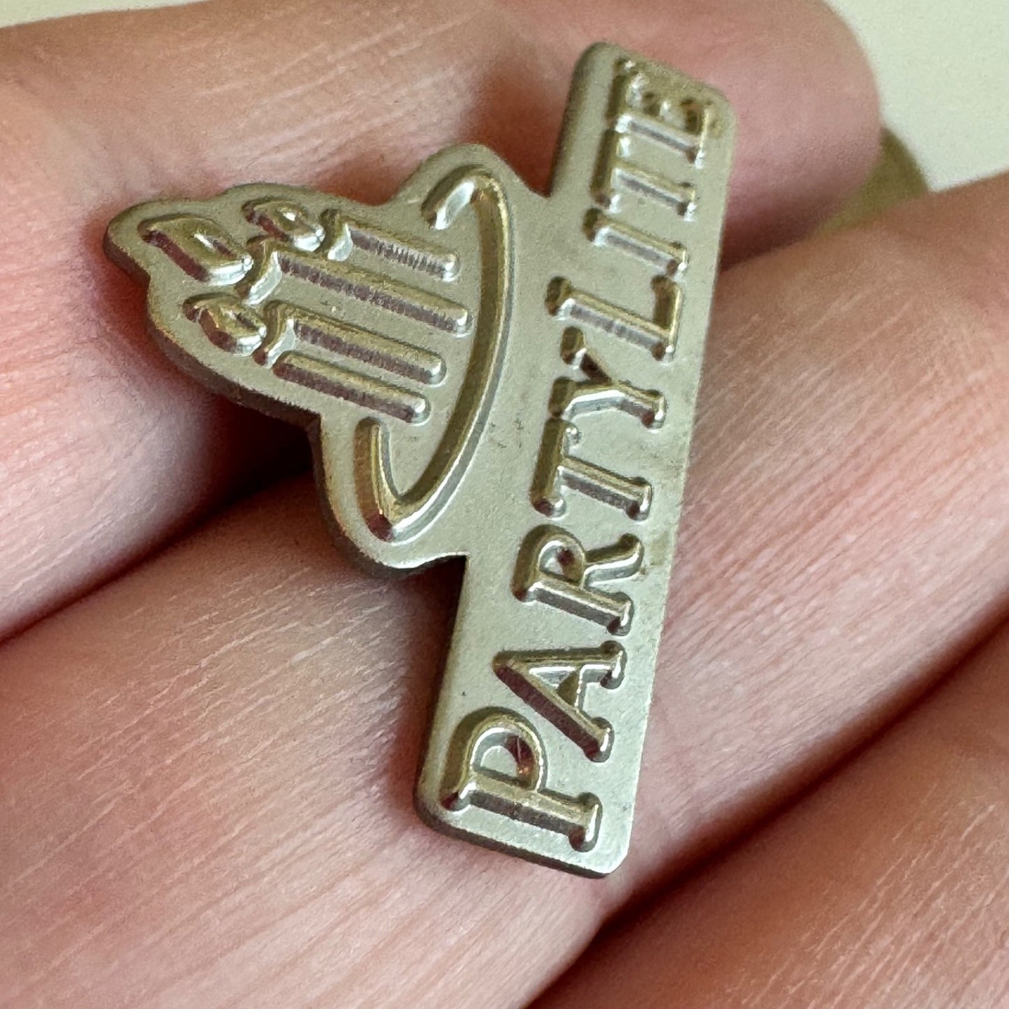 Vintage PartyLite Logo Pin – Silver Tone Candle Company Lapel Badge